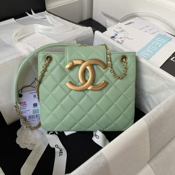 Chanel 24C AS4596 Vintage Logo Quilted Lambskin Shoulder Bag Light Green