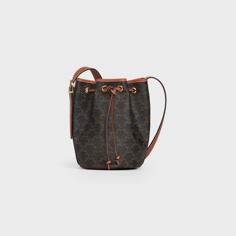 SMALL DRAWSTRING BAG IN TRIOMPHE CANVAS AND CALFSKIN TAN