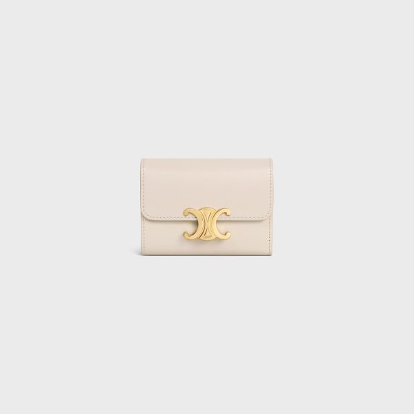 COMPACT WALLET WITH COIN TRIOMPHE IN SHINY CALFSKIN PALE BEIGE