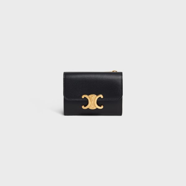 COMPACT WALLET WITH COIN TRIOMPHE IN SHINY CALFSKIN BLACK