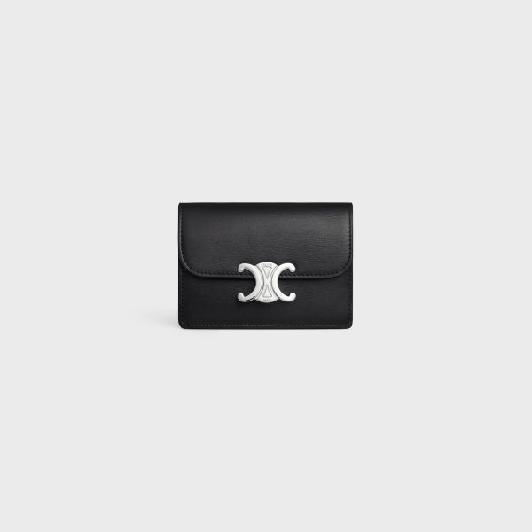 CARD HOLDER WITH FLAP TRIOMPHE IN SHINY CALFSKIN BLACK