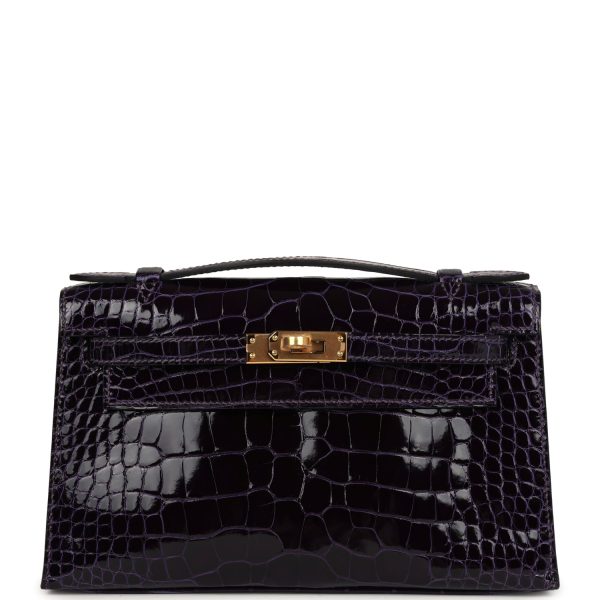 Hermes Kelly Pochette Amethyst Shiny Alligator Gold Hardware