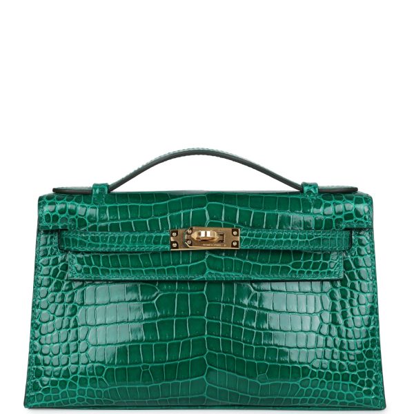Hermes Kelly Pochette Emerald Shiny Porosus Crocodile Gold Hardware