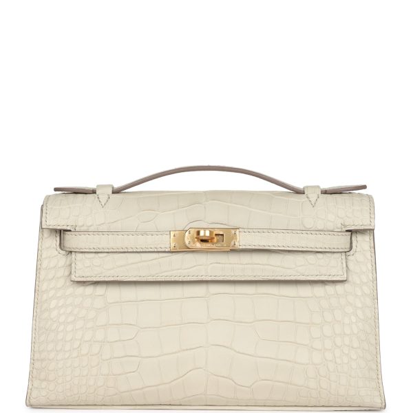 Hermes Kelly Pochette Beton Matte Alligator Gold Hardware