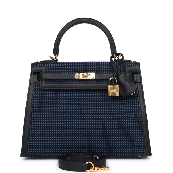 Hermes Kelly Sellier 25 Black Swift and Bleu Saphir Toile Gold Hardware
