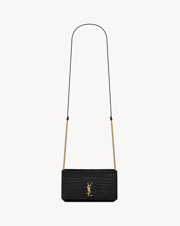 YSL Cassandre Phone Holder in Shiny Crocodile-Embossed Leather