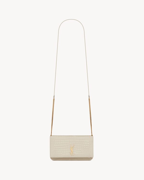 YSL Cassandre Phone Holder in Shiny Crocodile-Embossed Leather