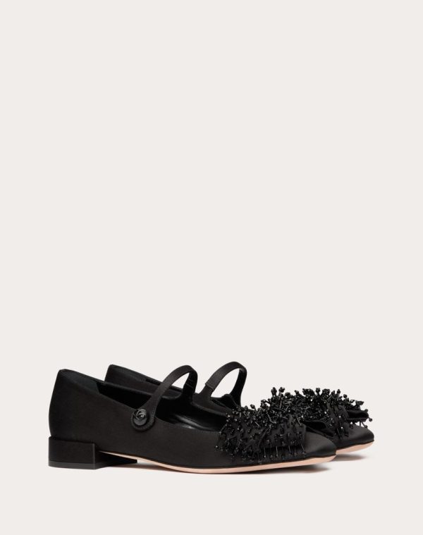 VALENTINO GARAVANI BOWJANE MARY-JANE SATIN BALLERINA WITH FRINGED EMBROIDERY 20MM