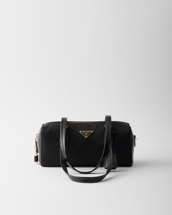 Re-Nylon and Leather Medium Top-Handle Bag With Padlock