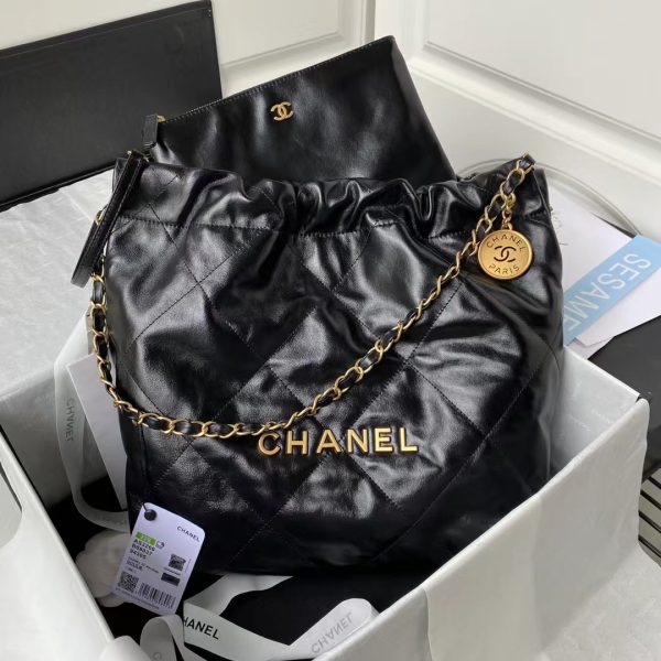 Chanel 22 AS3260 Small Bag Black Shiny Crumpled Calfskin Gold Hardware