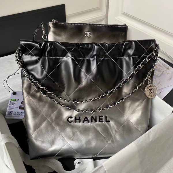Chanel 22 AS3260 Small Bag Black and Silver Shiny Calfskin Silver Hardware