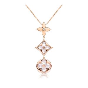 [Lucky Star]COLOR BLOSSOM LARIAT NECKLACE PINK GOLD WHITE MOTHER PEARL AND DIAMOND